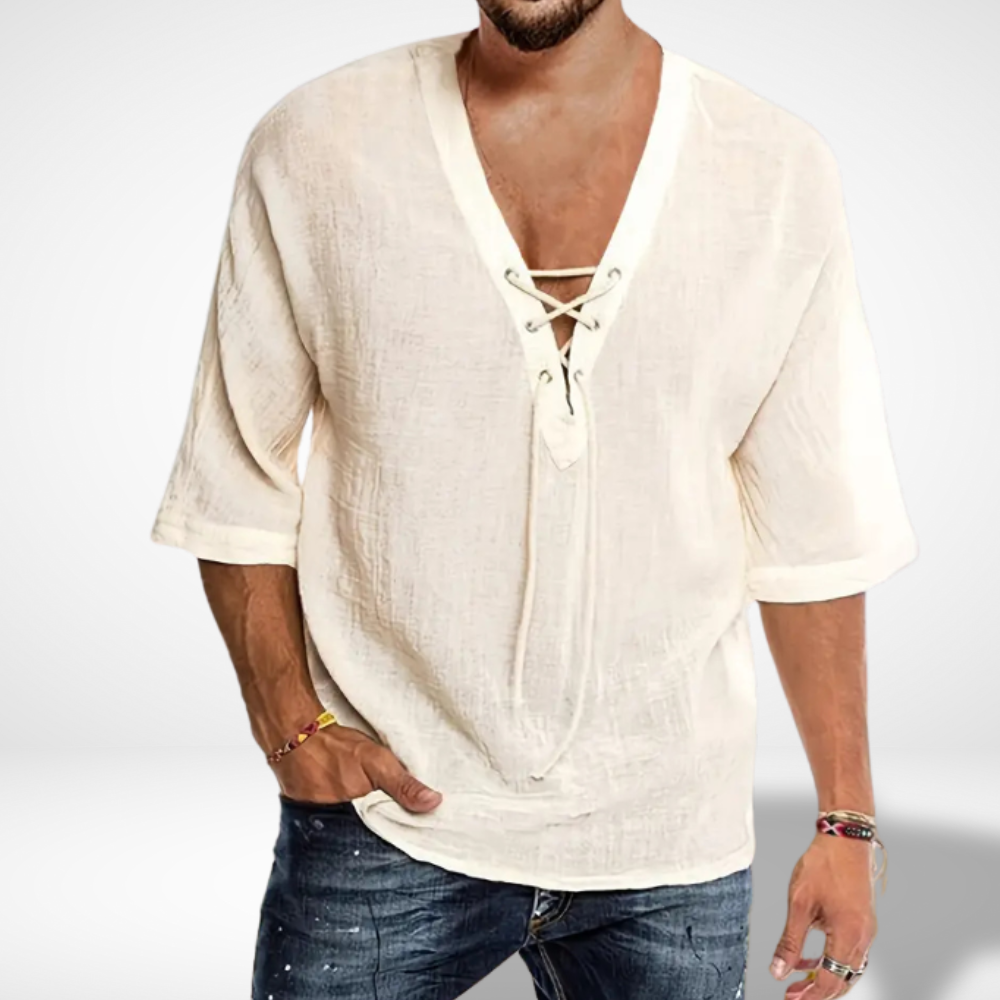 Løs Henley bluse med snørelukning til mænd – Benitez