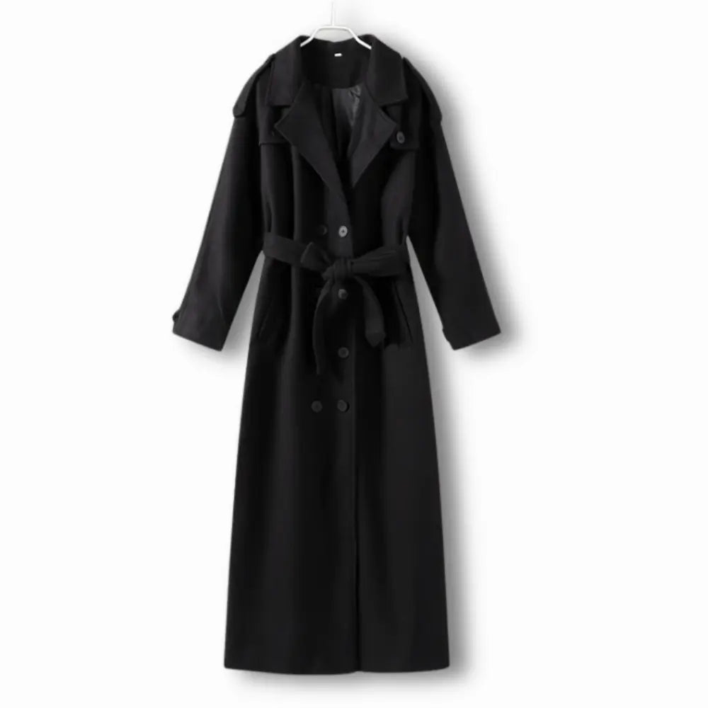 Lang frakke med bindebælte og bred krave til kvinder – Rina