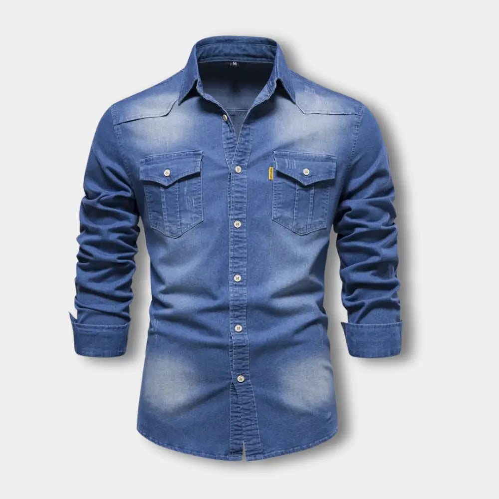 Langærmet bluse med brystlommer og denimlook til mænd – Newton
