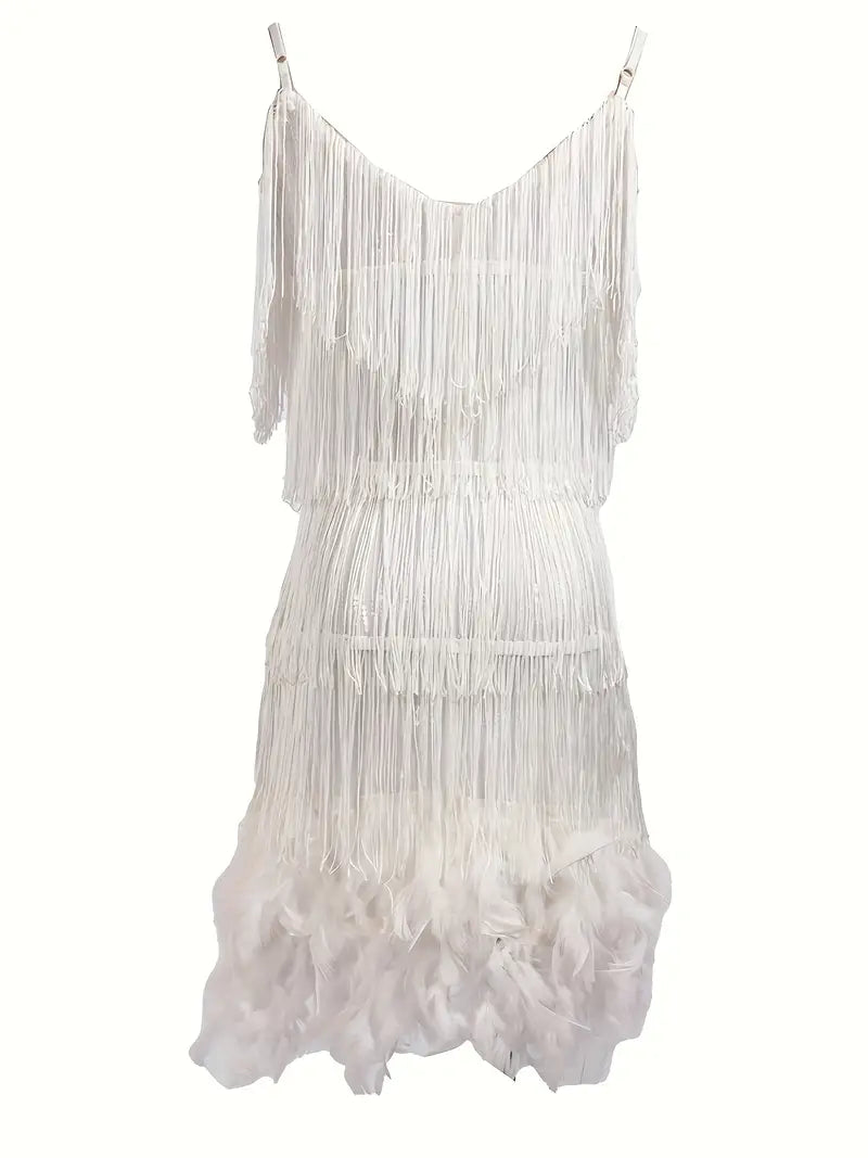 Mini festkjole med frynser og fjerdetaljer til kvinder - Tapia